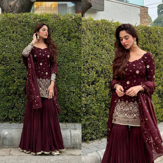 Wine Foil Work Peplum Sharara Set