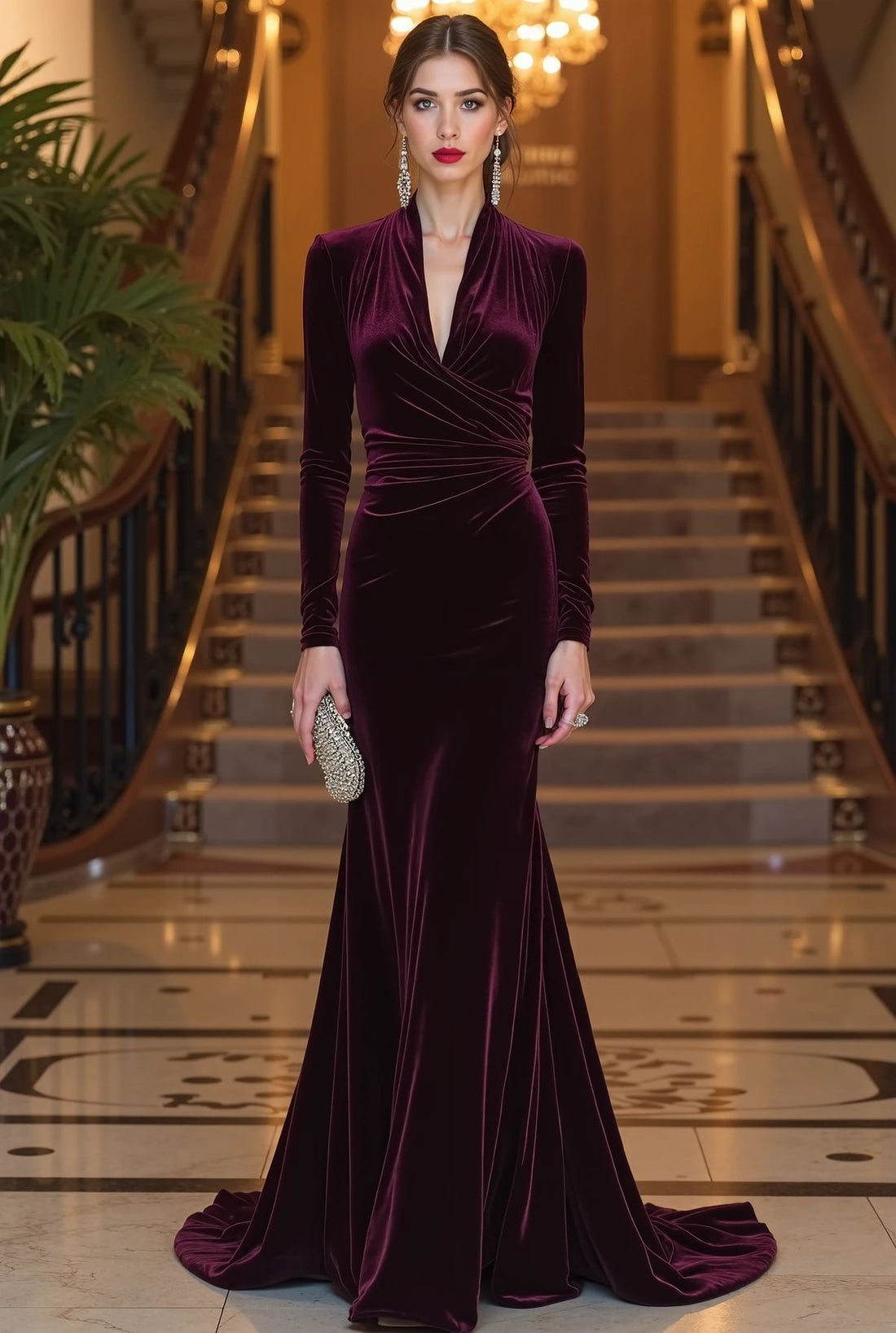 Wine Velvet Luxury Party Gown