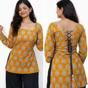 Golden Aura – Mustard Print Back-Tie Kurta Set