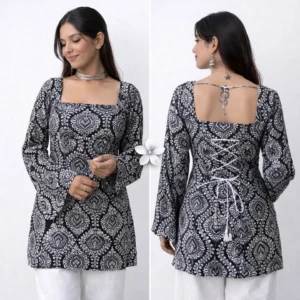 Noir Grace – Monochrome Back-Tie Kurta Set