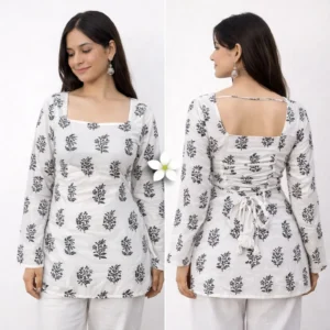 Classic Whisper – Monochrome Print Back-Tie Kurta Set
