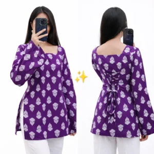 Purple Grace – Leaf Print Back-Tie Kurta Set